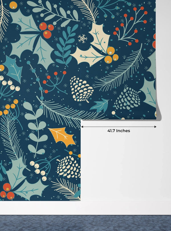 Leaves and Berries, Dark Blue Background Wallpaper, Seamless Pattern Mural, Oversized Custom Size Wall Art, Non - Woven, Non - Adhesive, Modern Wall Paper, Removable - Adawall Wallpaper - Registered Trade Accounts Only, Wallpaper Wholesale Account - W78034 - Adawall Wholesale - Wallpaper Wholesaler