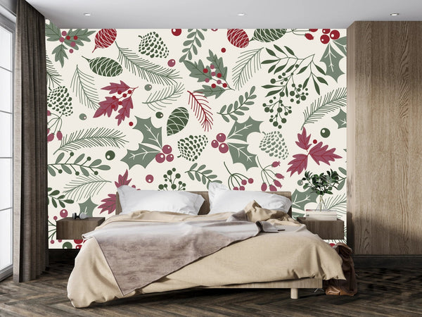 Leaves and Berries Wallpaper, Seamless Pattern Mural, Oversized Custom Size Wall Art, Non - Woven, Non - Adhesive, Modern Wall Paper, Removable - Adawall Wallpaper - Registered Trade Accounts Only, Wallpaper Wholesale Account - W78029 - Adawall Wholesale - Wallpaper Wholesaler