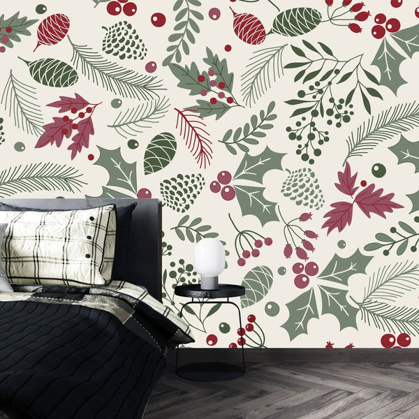 Leaves and Berries Wallpaper, Seamless Pattern Mural, Oversized Custom Size Wall Art, Non - Woven, Non - Adhesive, Modern Wall Paper, Removable - Adawall Wallpaper - Registered Trade Accounts Only, Wallpaper Wholesale Account - W78029 - Adawall Wholesale - Wallpaper Wholesaler