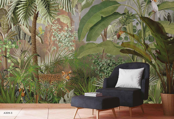 Leopard Jungle Wall Mural, Brown Tropical Parrot Wall Mural, Bedroom, Living Room, Non - Pasted, Extra Large Wall Print, Removable, Forest, Palm Trees - Adawall Wallpaper - Registered Trade Accounts Only, Wallpaper Wholesale Account - A309-3 - Adawall Wholesale - Wallpaper Wholesaler