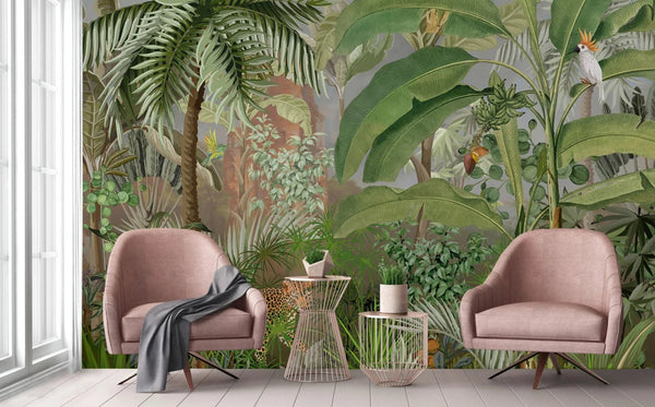 Leopard Jungle Wall Mural, Brown Tropical Parrot Wall Mural, Bedroom, Living Room, Non - Pasted, Extra Large Wall Print, Removable, Forest, Palm Trees - Adawall Wallpaper - Registered Trade Accounts Only, Wallpaper Wholesale Account - A309-3 - Adawall Wholesale - Wallpaper Wholesaler