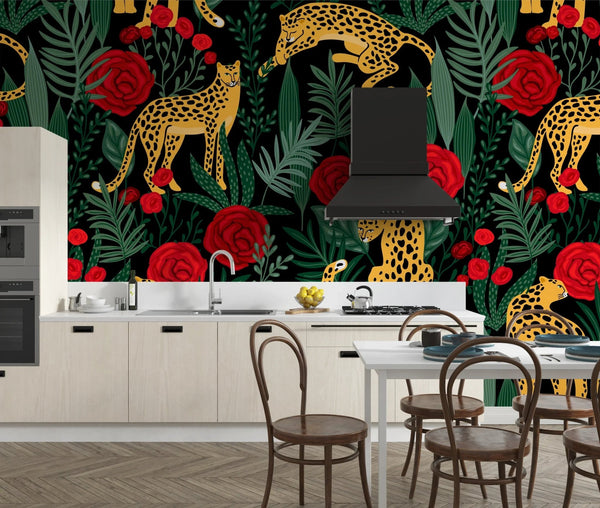 Leopards and Red Roses Wallpaper, Seamless Pattern Mural, Oversized Custom Size Wall Art, Non - Woven, Non - Adhesive, Modern Wall Paper, Removable - Adawall Wallpaper - Registered Trade Accounts Only, Wallpaper Wholesale Account - W78038 - Adawall Wholesale - Wallpaper Wholesaler