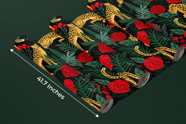 Leopards and Red Roses Wallpaper, Seamless Pattern Mural, Oversized Custom Size Wall Art, Non - Woven, Non - Adhesive, Modern Wall Paper, Removable - Adawall Wallpaper - Registered Trade Accounts Only, Wallpaper Wholesale Account - W78038 - Adawall Wholesale - Wallpaper Wholesaler