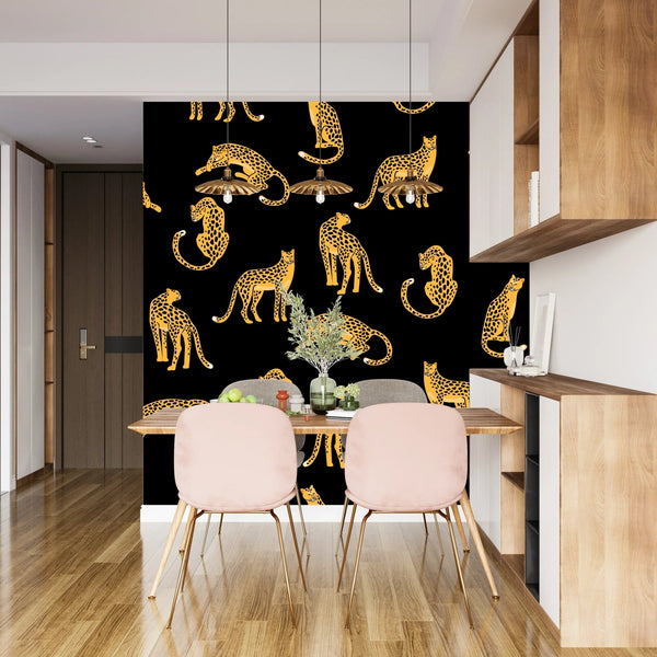 Leopards, Black Background Wallpaper, Seamless Pattern Mural, Oversized Custom Size Wall Art, Non - Woven, Non - Adhesive, Modern Wall Paper, Removable - Adawall Wallpaper - Registered Trade Accounts Only, Wallpaper Wholesale Account - W78043 - Adawall Wholesale - Wallpaper Wholesaler