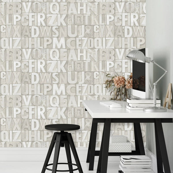 Letters Wallpaper, Rich Textured Wallcovering, Traditional, White Light Color, Extra Large 114 sq ft Roll, Washable, Alphabet Wallpaper - Adawall Wallpaper - Registered Trade Accounts Only, Wallpaper Wholesale Account - 4704-1 - Adawall Wholesale - Wallpaper Wholesaler
