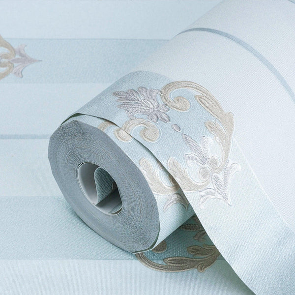 Light Blue Ornate Striped Wallpaper, Deep Embossed Regal Vintage Damask Wallcovering - Adawall Wallpaper - Registered Trade Accounts Only, Wallpaper Wholesale Account - 7804-2 - Adawall Wholesale - Wallpaper Wholesaler