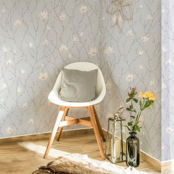 Light Gray Floral Blossom Embossed Wallpaper, Flower Branches Chinoiserie Wallcovering - Walloro High End Wallcoverings & More