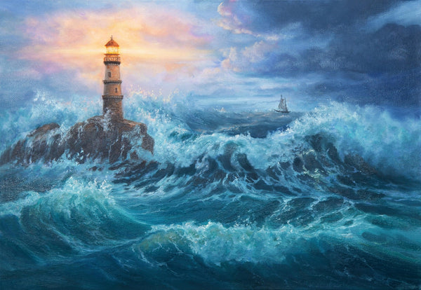 Lighthouse on the Seacoast Wallpaper, Oil Painting Mural, Oversized Custom Size Wall Art, Non - Woven, Non - Adhesive, Modern Wall Paper, Removable - Adawall Wallpaper - Registered Trade Accounts Only, Wallpaper Wholesale Account - W77614 - Adawall Wholesale - Wallpaper Wholesaler