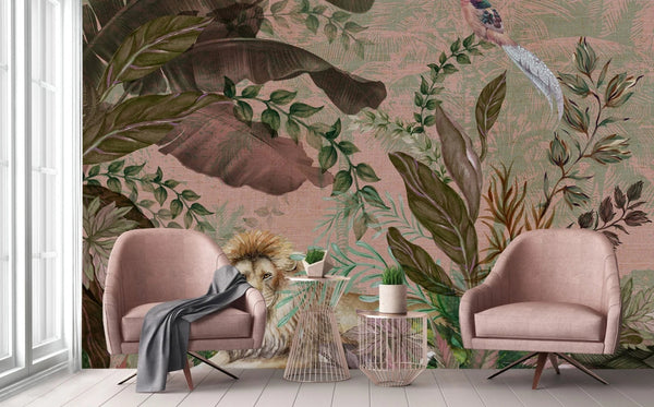 Lion Jungle Wall Mural, Purple Tropical Wall Mural, Interior Decor, Non - Pasted, Extra Large Wall Print, Removable, Forest Theme Wall Art - Adawall Wallpaper - Registered Trade Accounts Only, Wallpaper Wholesale Account - A310-1 - Adawall Wholesale - Wallpaper Wholesaler
