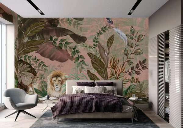 Lion Jungle Wall Mural, Purple Tropical Wall Mural, Interior Decor, Non - Pasted, Extra Large Wall Print, Removable, Forest Theme Wall Art - Adawall Wallpaper - Registered Trade Accounts Only, Wallpaper Wholesale Account - A310-1 - Adawall Wholesale - Wallpaper Wholesaler