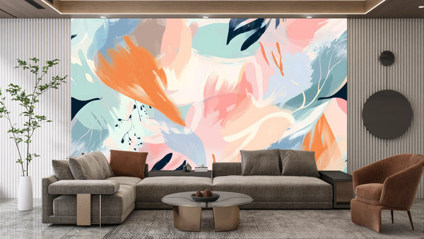 Pastel Abstract Summer Wallpaper, Seamless Pattern Mural, Oversized Custom Size Wall Art, Non-Woven, Non-Adhesive, Modern Wall Paper, Removable