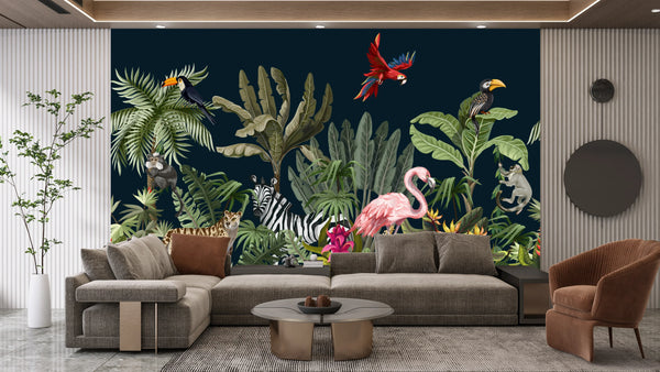 Jungle Animals Wallpaper, Tropical Plants Mural, Oversized Custom Size Wall Art, Non-Woven, Non-Adhesive, Modern Wall Paper, Removable