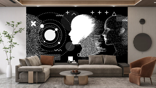 3D Human Heads Wallpaper, Cyberpunk Style Mural, Oversized Custom Size Wall Art, Non-Woven, Non-Adhesive, Modern Wall Paper, Removable