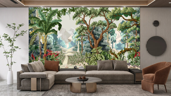 Jungle Wallpaper, Tropical Plants Mural, Oversized Custom Size Wall Art, Non-Woven, Non-Adhesive, Modern Wall Paper, Removable