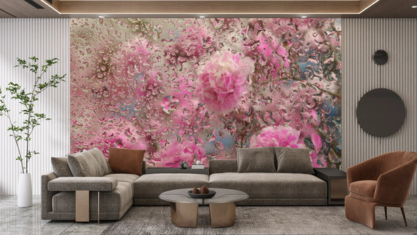 Pink Flowers Wallpaper, Through Glass, Water Drops Mural, Oversized Custom Size Wall Art, Non-Woven, Non-Adhesive, Modern Wall Paper, Removable