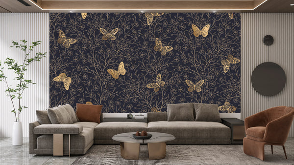 Gold Butterflies and Flowers Wallpaper, Black Background Mural, Oversized Custom Size Wall Art, Non-Woven, Non-Adhesive, Modern Wall Paper, Removable