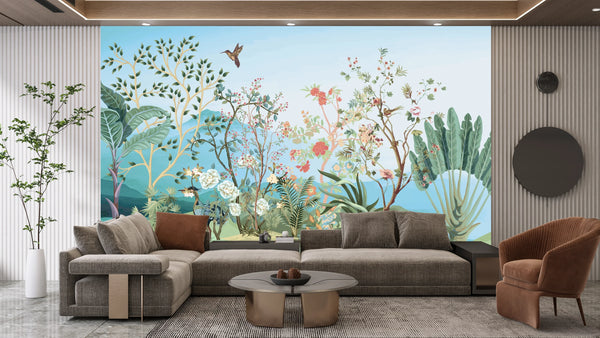 Tropical Jungle Wallpaper, Trees Mural, Oversized Custom Size Wall Art, Non-Woven, Non-Adhesive, Modern Wall Paper, Removable