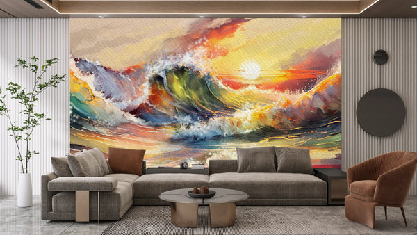 Beautiful Sunset Over Ocean Wallpaper, Oil Painting Mural, Oversized Custom Size Wall Art, Non-Woven, Non-Adhesive, Modern Wall Paper, Removable