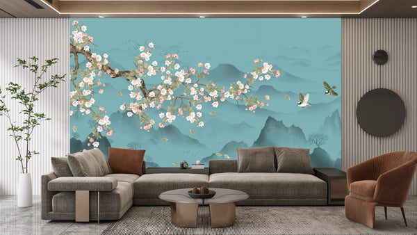 Blue Chinoiserie Wallpaper, Tree and Birds Mural, Oversized Custom Size Wall Art, Non-Woven, Non-Adhesive, Modern Wall Paper, Removable
