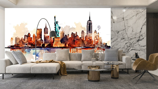New York Wallpaper, Watercolor Mural, Oversized Custom Size Wall Art, Non-Woven, Non-Adhesive, Modern Wall Paper, Removable