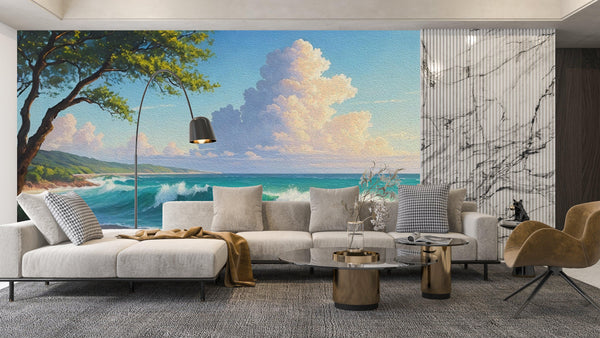 Beautiful Sea Waves and Tree Wallpaper, Oil Painting Mural, Oversized Custom Size Wall Art, Non-Woven, Non-Adhesive, Modern Wall Paper, Removable