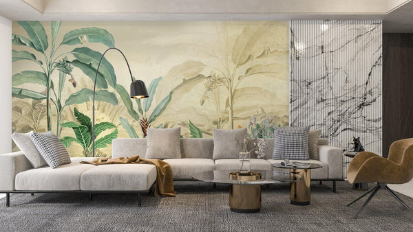 Tropical Trees Wallpaper, Tropical Leaves Wall Mural, Oversized Custom Size Wall Art, Non-Woven, Non-Adhesive, Modern Wall Paper, Removable