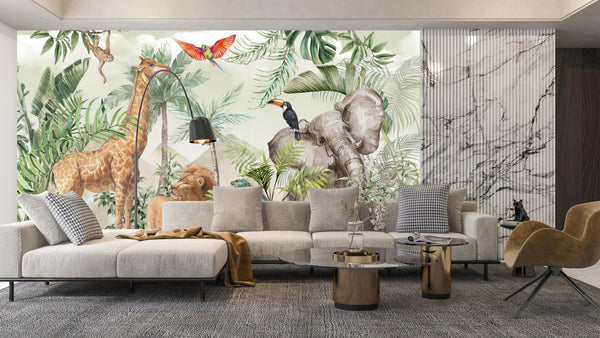 Safari Wildlife Wallpaper, Tropical Animals Mural, Oversized Custom Size Wall Art, Non-Woven, Non-Adhesive, Modern Wall Paper, Removable