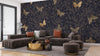 Gold Butterflies and Flowers Wallpaper, Black Background Mural, Oversized Custom Size Wall Art, Non-Woven, Non-Adhesive, Modern Wall Paper, Removable