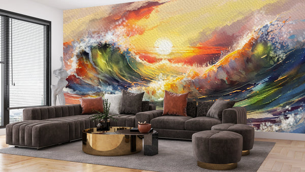 Beautiful Sunset Over Ocean Wallpaper, Oil Painting Mural, Oversized Custom Size Wall Art, Non-Woven, Non-Adhesive, Modern Wall Paper, Removable