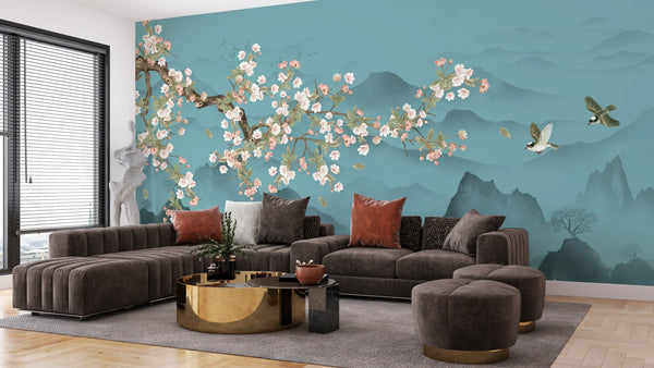 Blue Chinoiserie Wallpaper, Tree and Birds Mural, Oversized Custom Size Wall Art, Non-Woven, Non-Adhesive, Modern Wall Paper, Removable