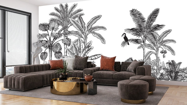 Toile Tropical Wallpaper, Vintage Mural, Oversized Custom Size Wall Art, Non-Woven, Non-Adhesive, Modern Wall Paper, Removable