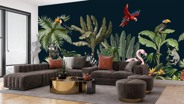 Jungle Animals Wallpaper, Tropical Plants Mural, Oversized Custom Size Wall Art, Non-Woven, Non-Adhesive, Modern Wall Paper, Removable