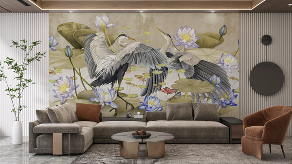 Birds Wallpaper, Lotus Mural, Oversized Custom Size Wall Art, Non-Woven, Non-Adhesive, Modern Wall Paper, Removable