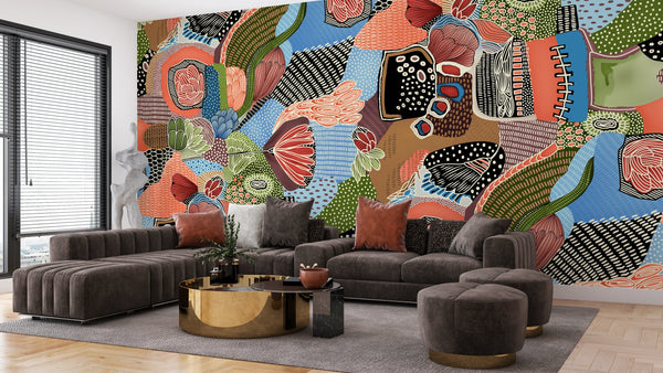 Abstract Shapes and Flowers Wallpaper, Seamless Pattern Mural, Oversized Custom Size Wall Art, Non-Woven, Non-Adhesive, Modern Wall Paper, Removable