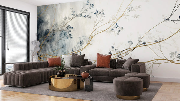 Blue Floral Wallpaper, White Background Mural, Oversized Custom Size Wall Art, Non-Woven, Non-Adhesive, Modern Wall Paper, Removable