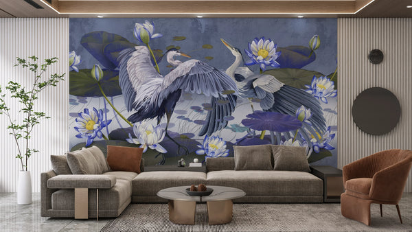 Birds Wallpaper, Lotus and Blue Background Mural, Oversized Custom Size Wall Art, Non-Woven, Non-Adhesive, Modern Wall Paper, Removable