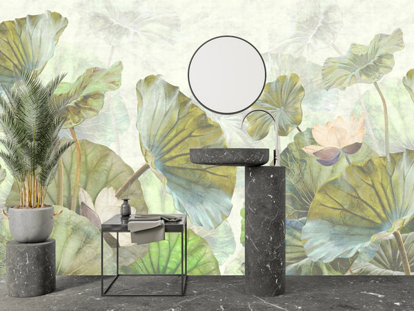 Lotus Leaves Wallpaper, Botanical Mural, Oversized Custom Size Wall Art, Non - Woven, Non - Adhesive, Modern Wall Paper, Removable - Adawall Wallpaper - Registered Trade Accounts Only, Wallpaper Wholesale Account - W77813 - Adawall Wholesale - Wallpaper Wholesaler