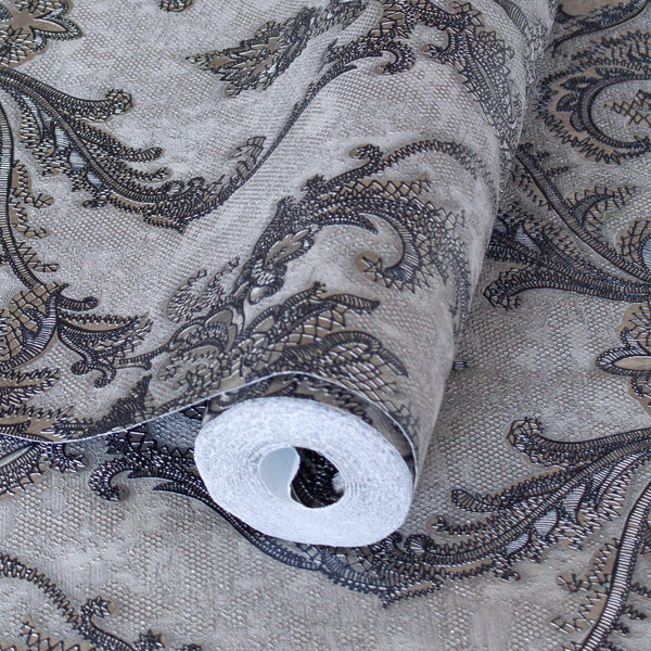 Luxury Sparkling Deep Embossed Damask Wallpaper, Gray, Navy Blue Beautiful Flocked Shimmering Rich Textured Wallcovering - Walloro High End Wallcoverings & More