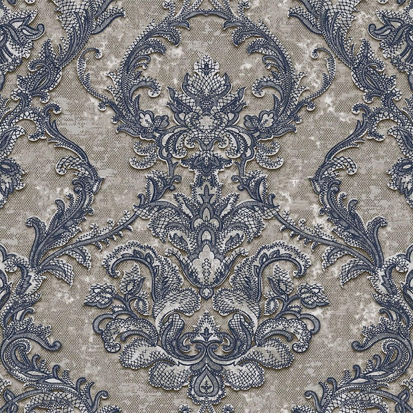 Luxury Sparkling Deep Embossed Damask Wallpaper, Gray, Navy Blue Beautiful Flocked Shimmering Rich Textured Wallcovering - Walloro High End Wallcoverings & More