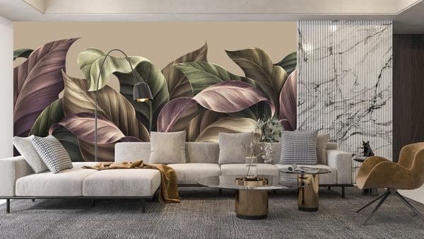 Luxury Tropical Leaves Wallpaper, Beige Background Mural, Oversized Custom Size Wall Art, Non - Woven, Non - Adhesive, Modern Wall Paper, Removable - Adawall Wallpaper - Registered Trade Accounts Only, Wallpaper Wholesale Account - W78224 - Adawall Wholesale - Wallpaper Wholesaler