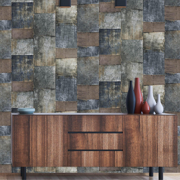 Metallic Industrial Textured Wallpaper, Dark Blue, Brown Rustic Aged Weathered Pattern Wallcovering, Large 114 sq ft Roll - Walloro High End Wallcoverings & More