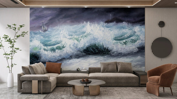 Mighty Storm and Sea Wallpaper, Oil Painting Mural, Oversized Custom Size Wall Art, Non - Woven, Non - Adhesive, Modern Wall Paper, Removable - Adawall Wallpaper - Registered Trade Accounts Only, Wallpaper Wholesale Account - W77603 - Adawall Wholesale - Wallpaper Wholesaler