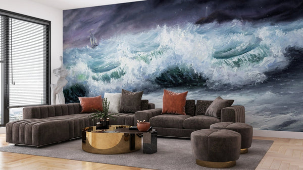 Mighty Storm and Sea Wallpaper, Oil Painting Mural, Oversized Custom Size Wall Art, Non - Woven, Non - Adhesive, Modern Wall Paper, Removable - Adawall Wallpaper - Registered Trade Accounts Only, Wallpaper Wholesale Account - W77603 - Adawall Wholesale - Wallpaper Wholesaler