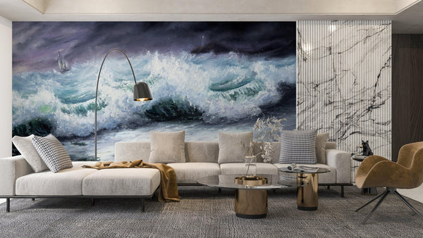 Mighty Storm and Sea Wallpaper, Oil Painting Mural, Oversized Custom Size Wall Art, Non - Woven, Non - Adhesive, Modern Wall Paper, Removable - Adawall Wallpaper - Registered Trade Accounts Only, Wallpaper Wholesale Account - W77603 - Adawall Wholesale - Wallpaper Wholesaler