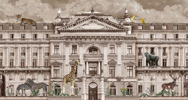 Modern Animals Building Wallpaper, Beige Jungle Wall Mural, Custom Size Architecture Wall Covering, Non - Woven, Non - Adhesive, Washable, Removable - Adawall Wallpaper - Registered Trade Accounts Only, Wallpaper Wholesale Account - FJ308-3 - Adawall Wholesale - Wallpaper Wholesaler