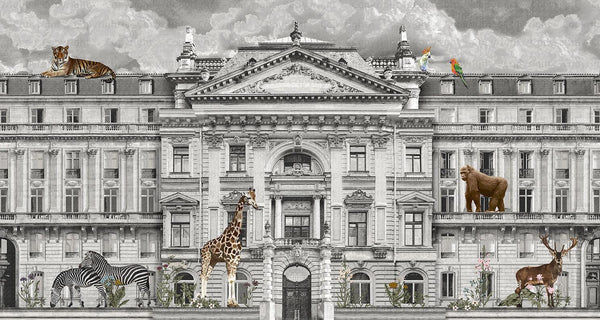 Modern Animals Building Wallpaper, Gray Jungle Wall Mural, Custom Size Architecture Wall Covering, Non-Woven, Non-Adhesive, Washable, Removable - Walloro High End Wallcoverings & More