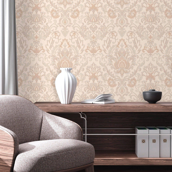 Modern Creamy Embossed Damask Wallpaper, Home Wall Decor, Aesthetic Wallpaper, Textured Wallcovering Non-Adhesive and Non-Peel and Stick - Walloro High End Wallcoverings & More