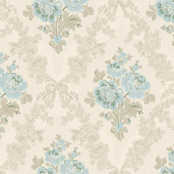Modern Creamy, Teal Flower Wallpaper, Home Wall Decor, Aesthetic Wallpaper, Textured Wallcovering Non-Adhesive and Non-Peel and Stick - Walloro High End Wallcoverings & More