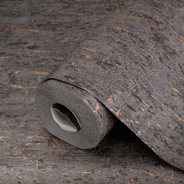 Modern Dark Cork Embossed Wallpaper, Rich Textured Wallcovering, Traditional, Camper Van Log Cabin Decor, 114 sq ft, Metallic Black Marbled - Walloro High End Wallcoverings & More