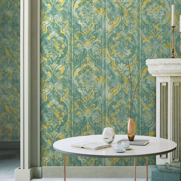 Modern Green Washed Distressed Wallpaper, Rich Damask Textured Embossed Wallcovering, Large 114 sq ft Roll, Washable, Rusted, Abstract - Adawall Wallpaper - Registered Trade Accounts Only, Wallpaper Wholesale Account - 4713-3 - Adawall Wholesale - Wallpaper Wholesaler